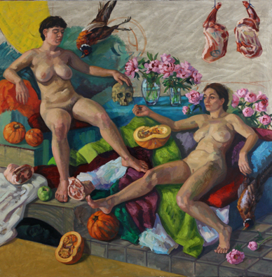 Maenads with Head of Orpheus II; oil on canvas, 200 x 200 cm, 2024